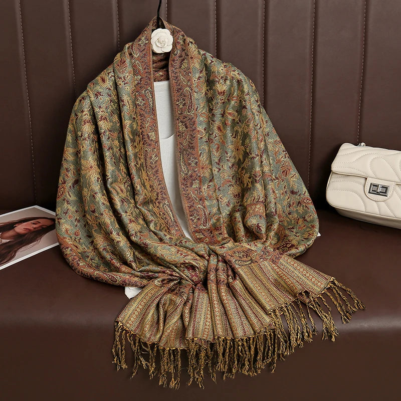 Paisley Floral Print Long Scarf with Fringed Ends