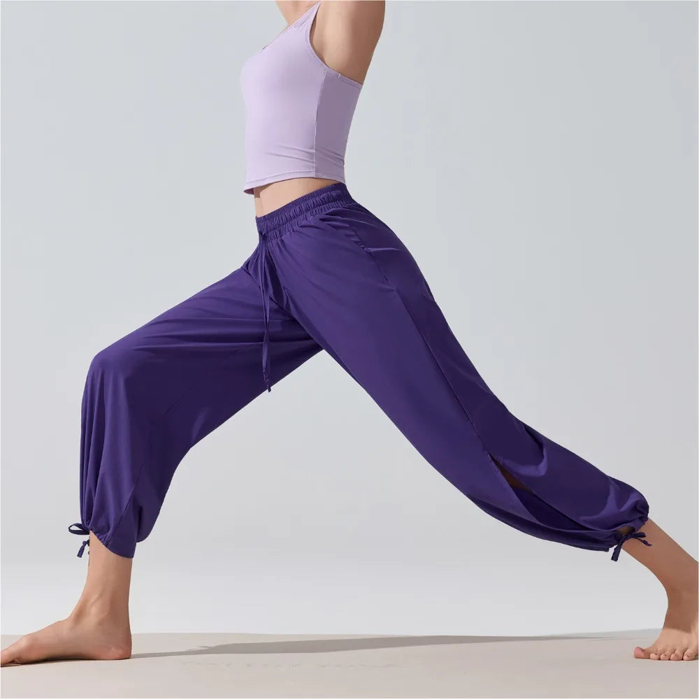 Women's High Waist Workout Pants with Wide Harem Legs and Cuffed Ankles
