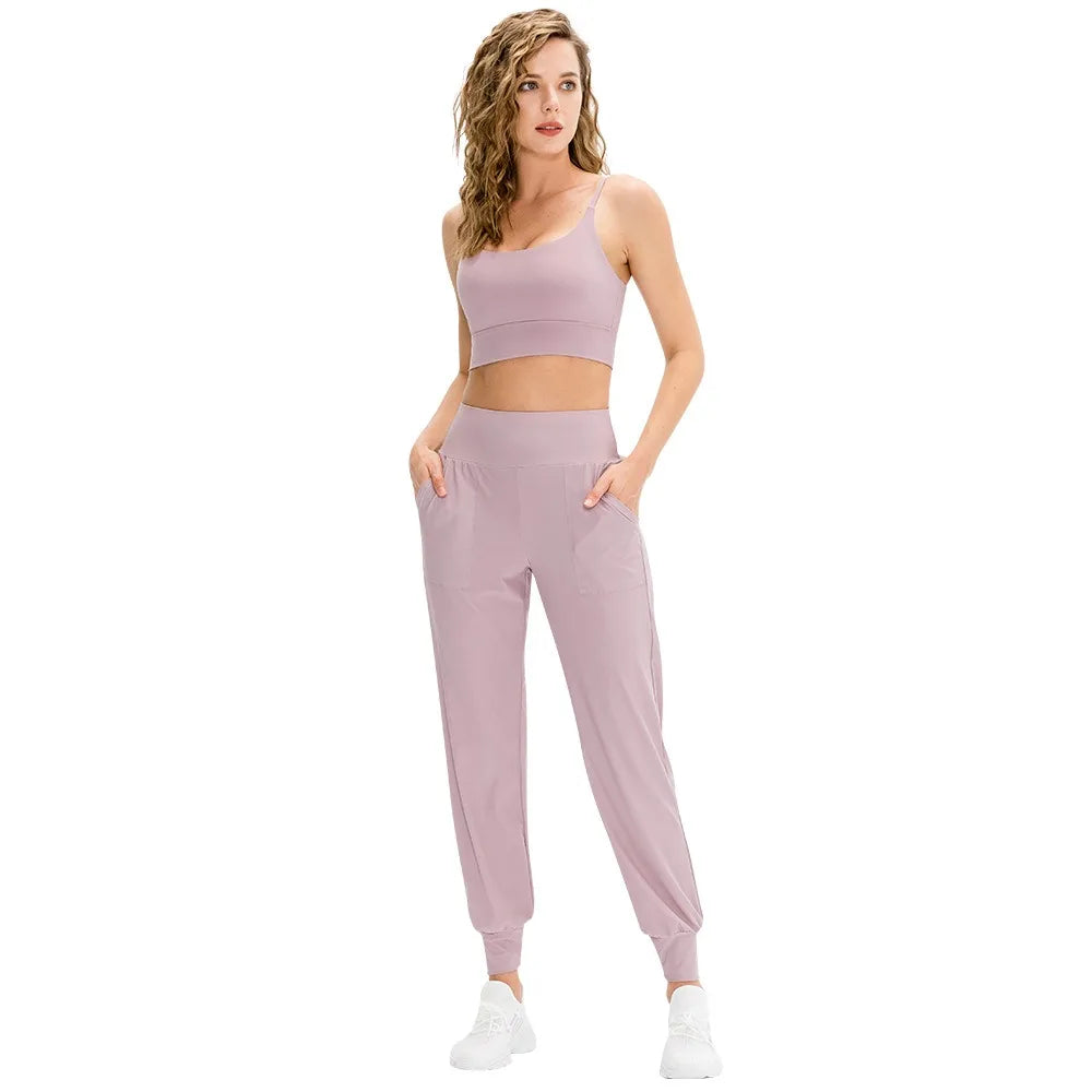Women's High Waist Nylon Blend Workout Pants with Side Pockets and Cuffed Ankles