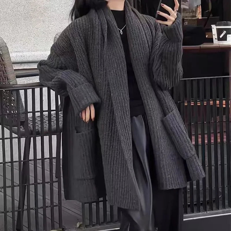 Autumn/Winter Thickened 100% Pure Wool Women's Turn-down Collar Knitted Cardigan Loose Sweater Coat Top Mid-long Length