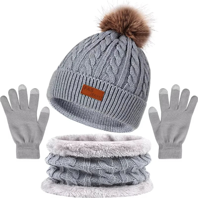 Pom-Pom Knitted Beanie Hat Scarf and Gloves Set for Winter Wear