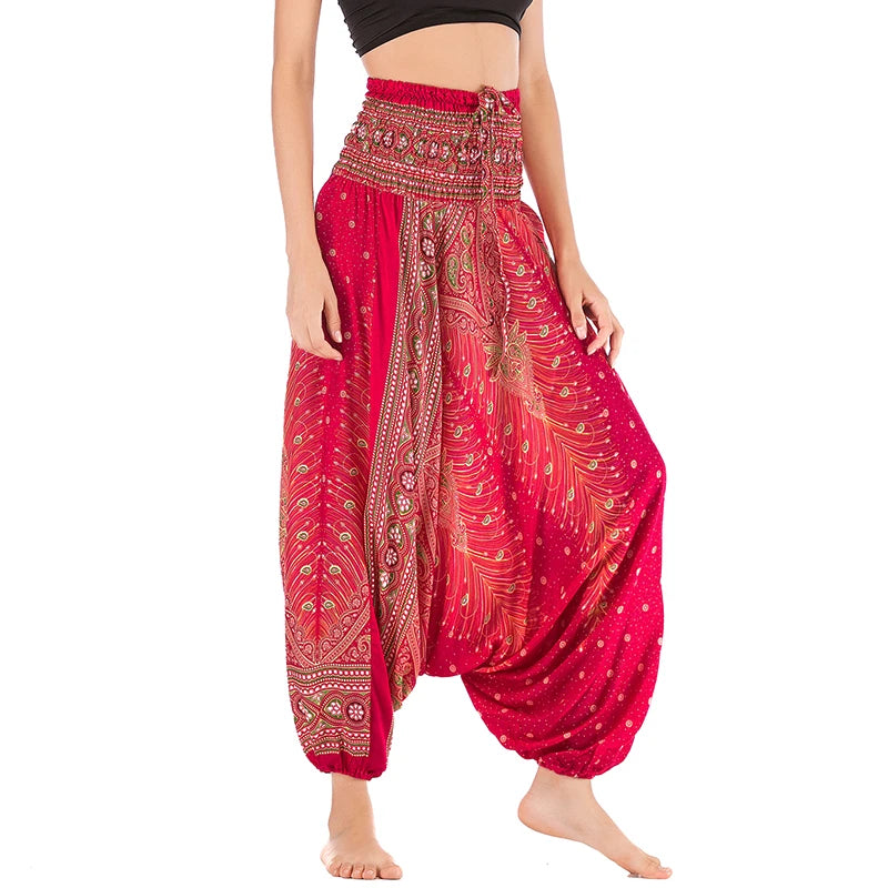 Women's Printed Rayon Harem Pants with Elastic Waist and Convertible Styling