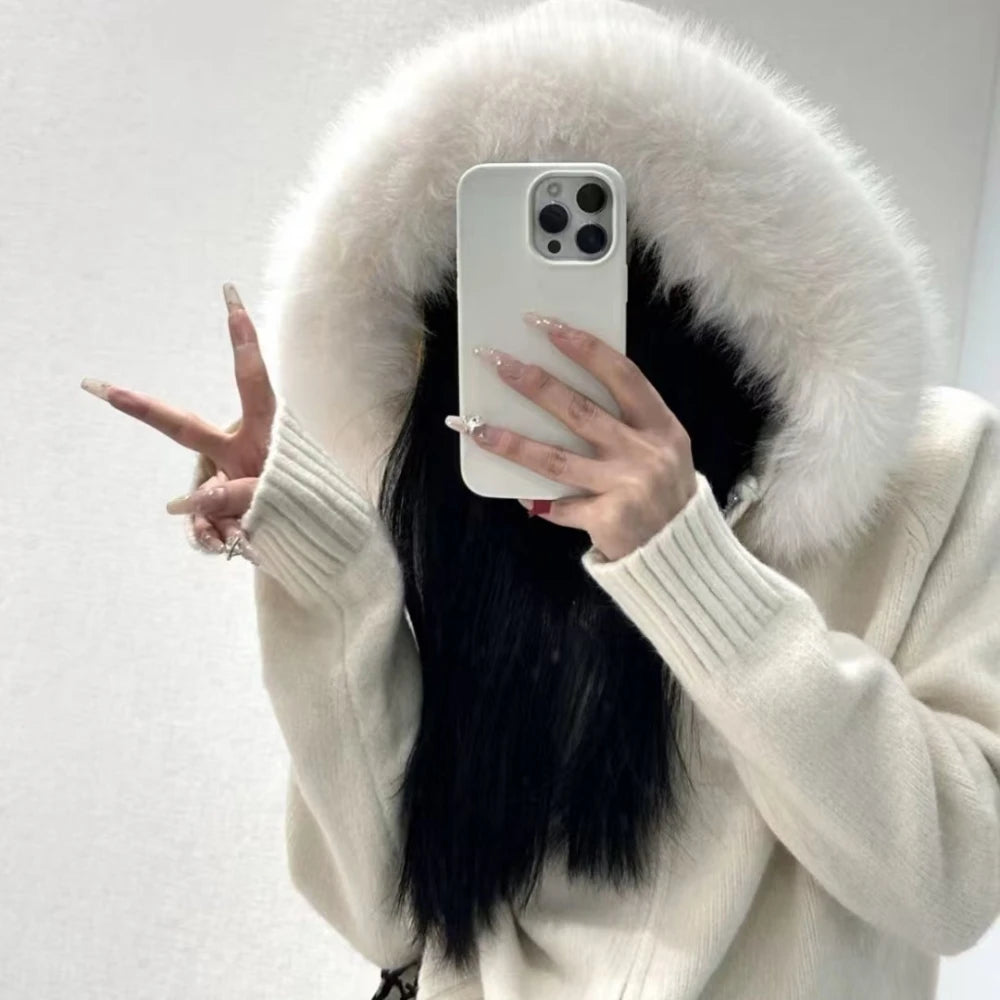 Women's Hooded Zip Front Fluffy Trim Jacket Casual Knit Layer