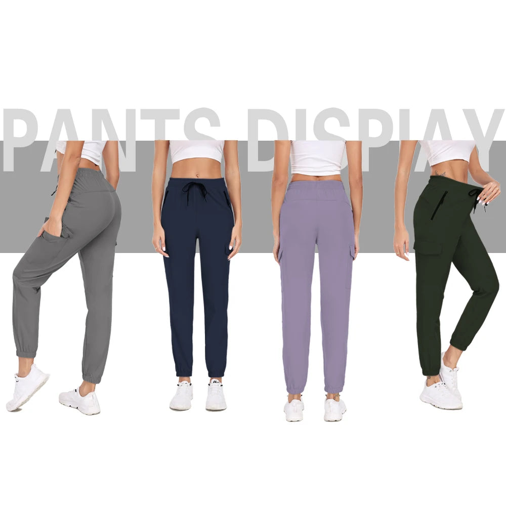 Women's Hiking Cargo Pants with Elastic Waist and Zip Pocket Details