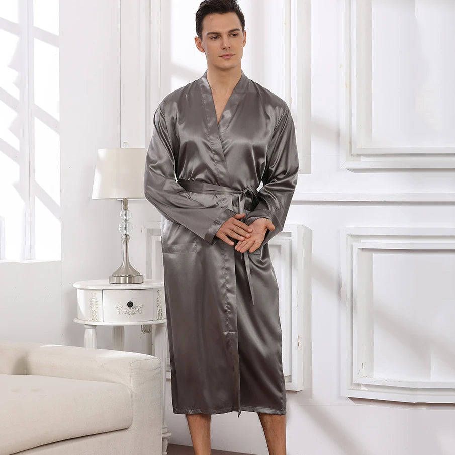 Men's Solid Satin Long Sleeve Tie Waist Bathrobe with Pockets