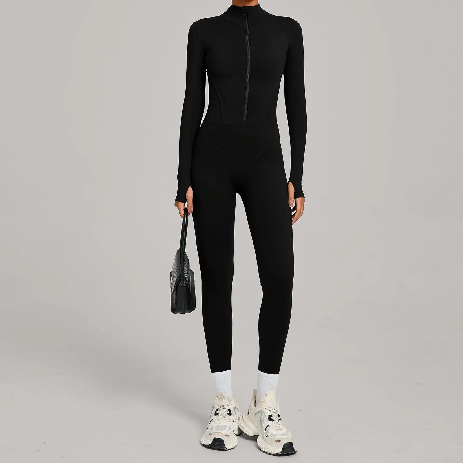 Women's Long Sleeve Nylon Blend Workout Jumpsuit with Stand Collar Zip