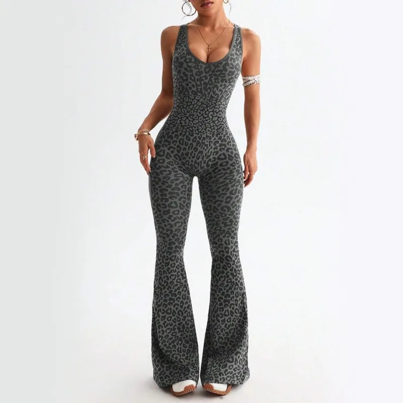 Women's Leopard Print Polyester Blend Flared Workout Jumpsuit with Cross Back