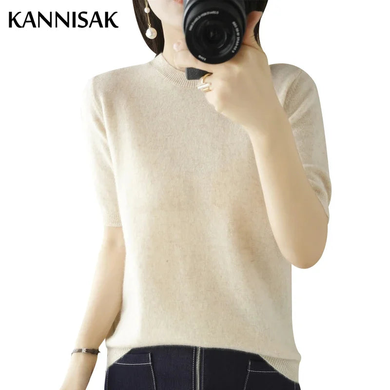 Women's Crew Neck Short Sleeve Sweater Casual Knit Layer