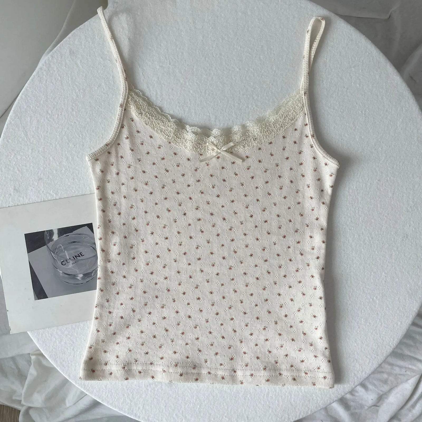Women's Lace Trim Cotton Camisole with Bow Detail and Multiple Pattern Options
