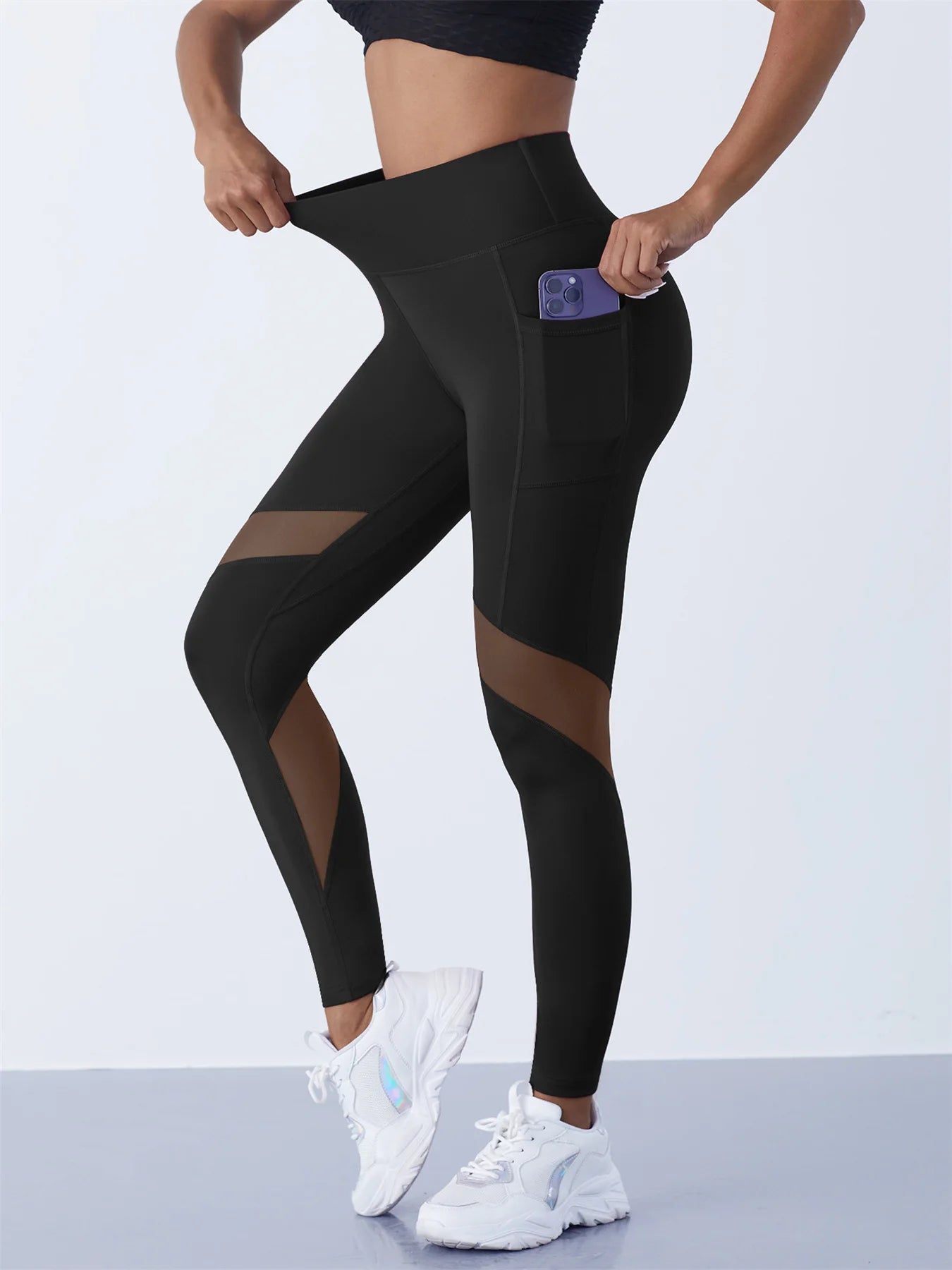 Women's Mesh Panel Side Pocket Panelled Full Length Leggings