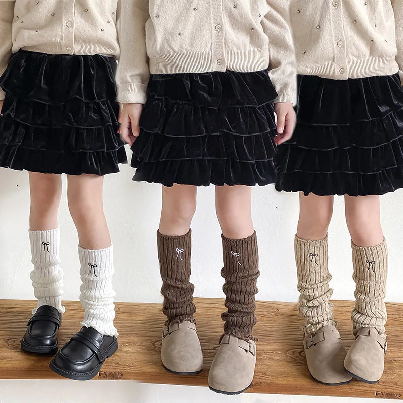 Children's Ribbed Leg Warmers with Decorative Embroidered Bow Detail