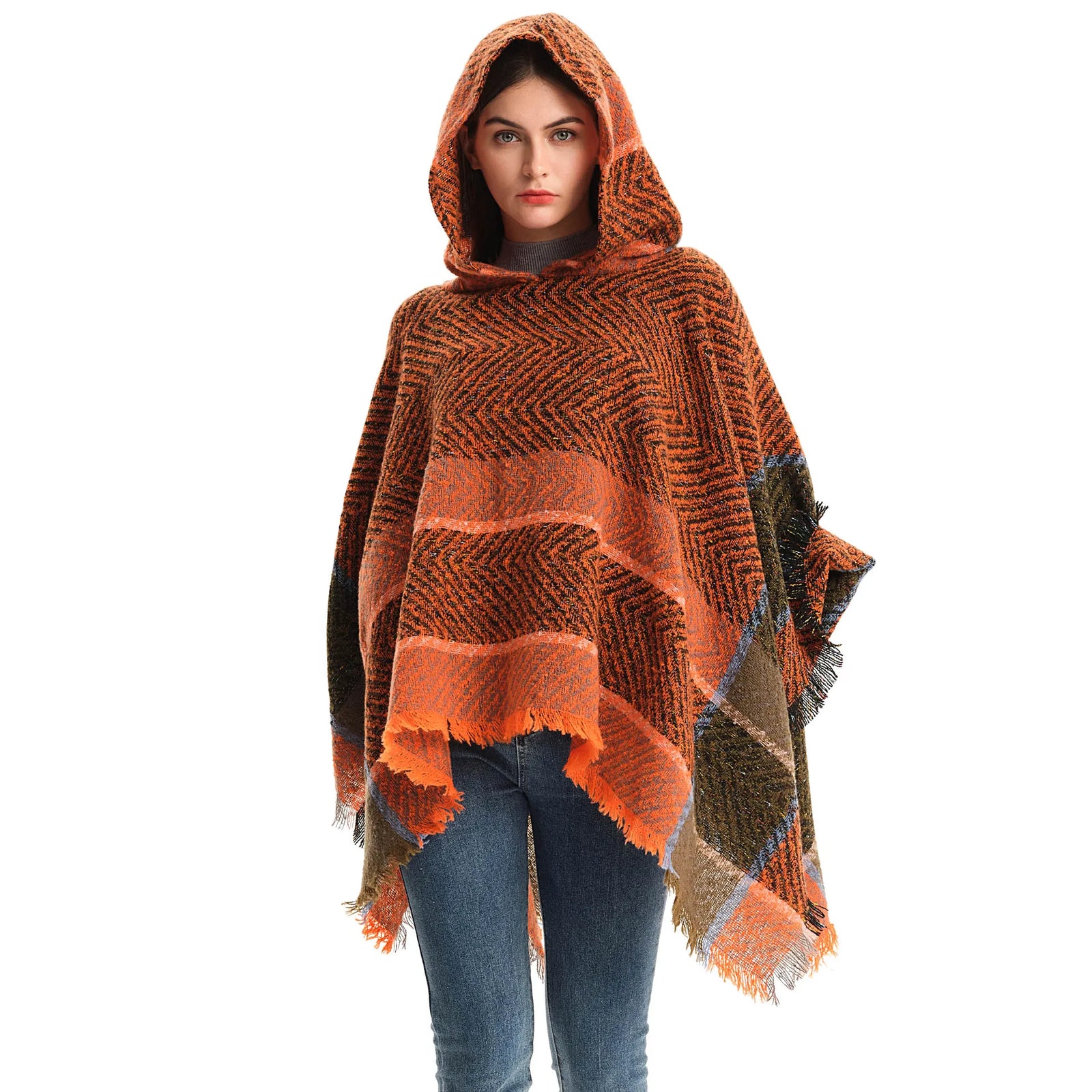 Hooded Herringbone Texture Poncho for Layering over Outfits
