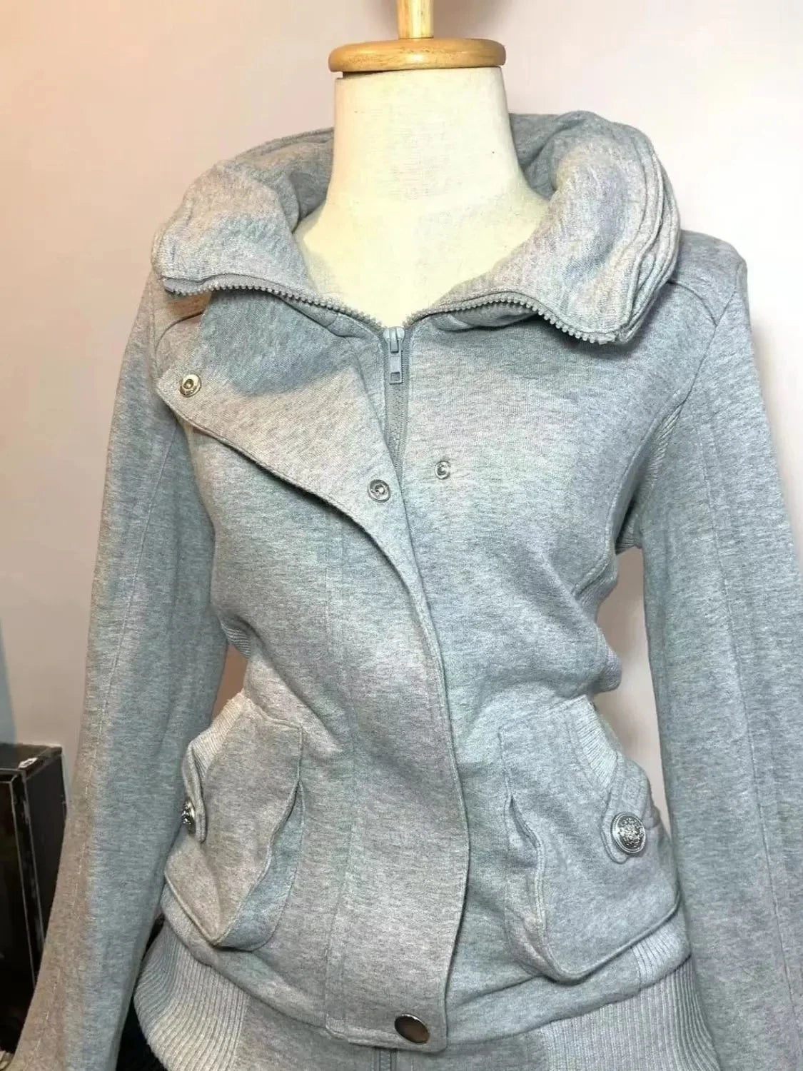Stand Collar Asymmetric Full Zip Long Sleeve Fitted Jacket