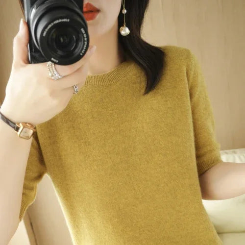 Women's Crew Neck Short Sleeve Sweater Casual Knit Layer