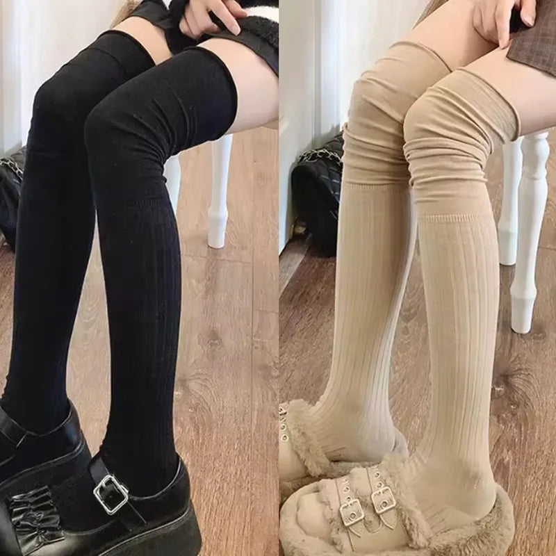 Solid Ribbed Long Socks with Over Knee Styling