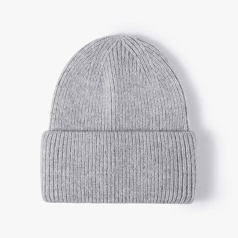 Solid Ribbed Knit Beanie with Wide Folded Cuff