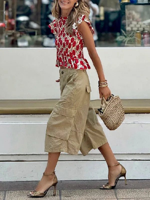 Women's Wide Leg Cropped Cargo Pants with Button Waist and Pockets