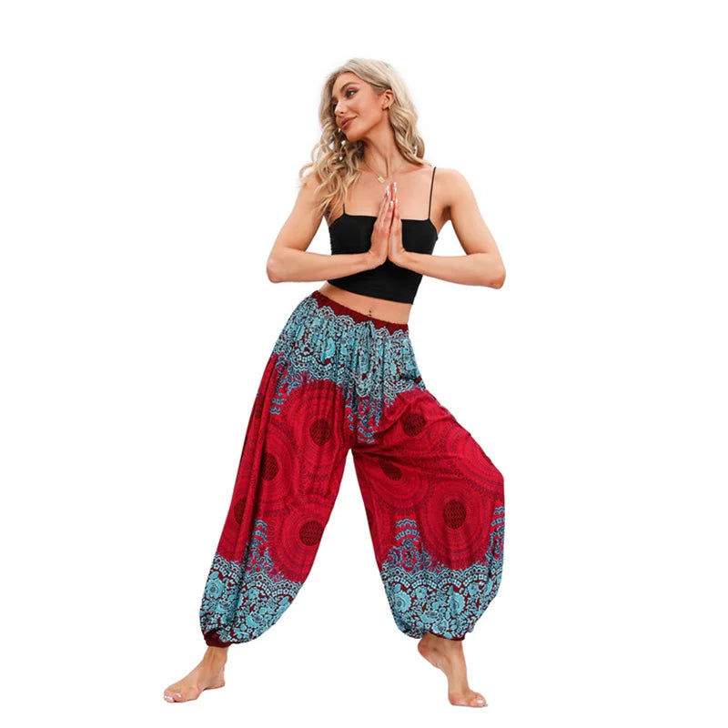Women's Printed Rayon Harem Pants with Elastic Waist and Loose Gathered Legs