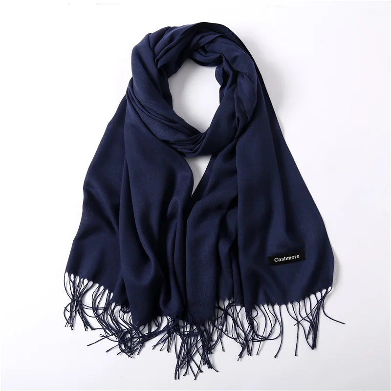 Solid Long Rectangular Scarf with Fringed End Trim