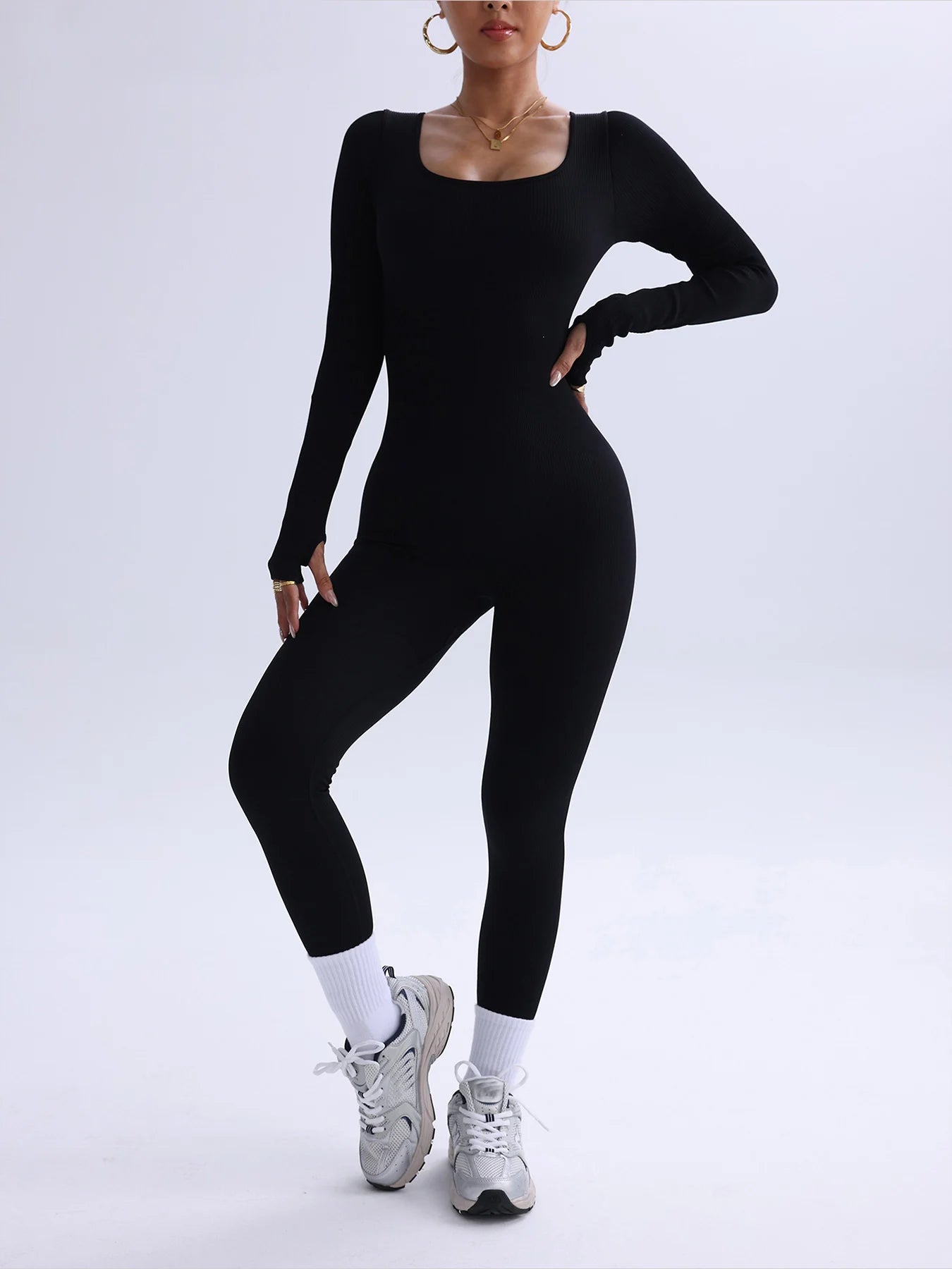 Women's Long Sleeve Ribbed Nylon Blend Workout Jumpsuit with Scoop Neck