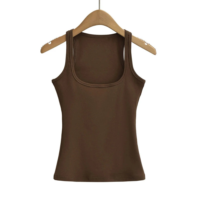 Women's U Neck Polyester Blend Tank Top with Ribbed Texture and Wide Straps