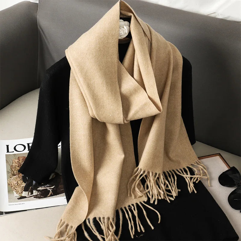 Solid Long Rectangular Scarf with Decorative Fringe Trim