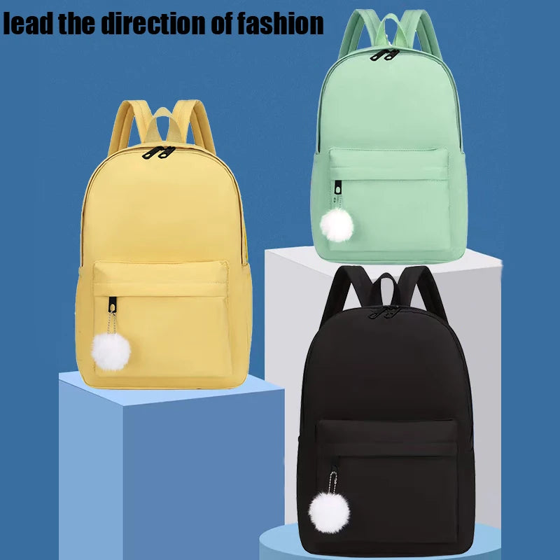 Solid Colour Backpack with Front Pocket and Fluffy Ball Decoration