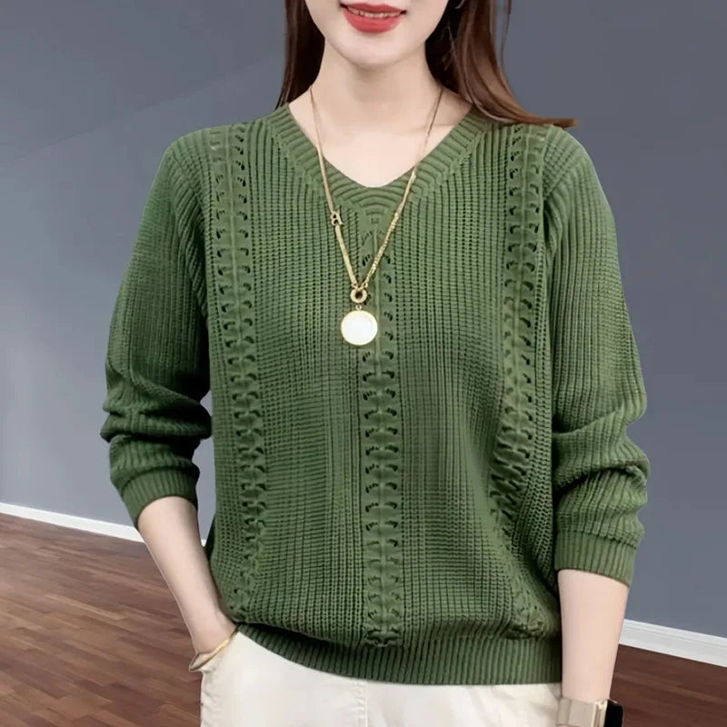 Women's V Neck Ribbed Long Sleeve Sweater Casual Knit Layer