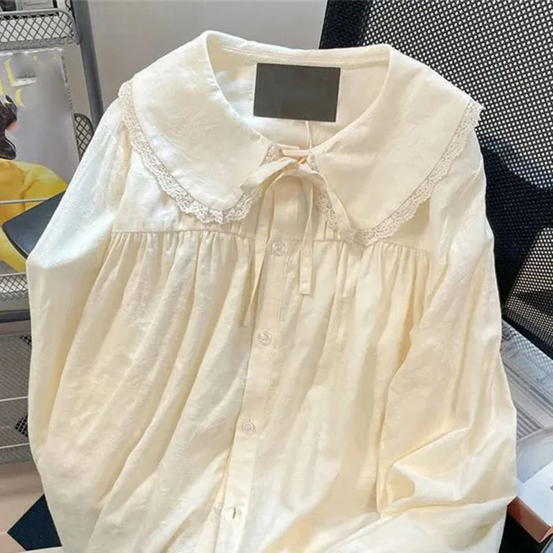Women's Lace Detail Peter Pan Collar Long Sleeve Shirt
