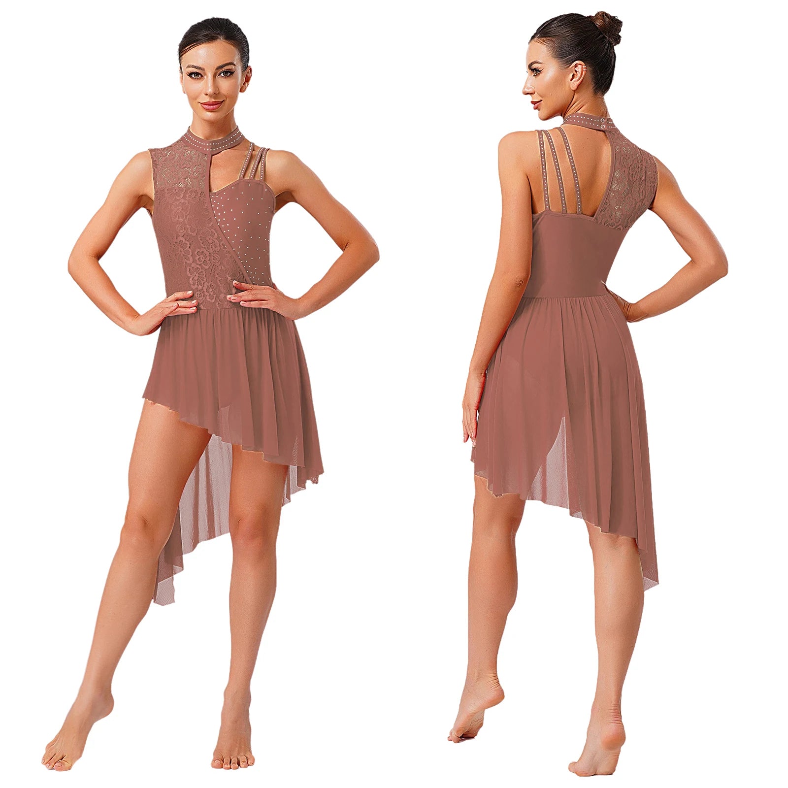 Women's Floral Lace Dance Dress with Rhinestones and Asymmetric Mesh Skirt