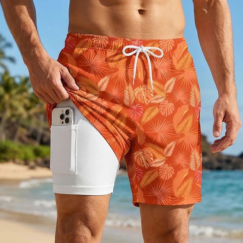 Men's Swim Shorts with Printed Design and Phone Pocket for Beach and Pool Wear
