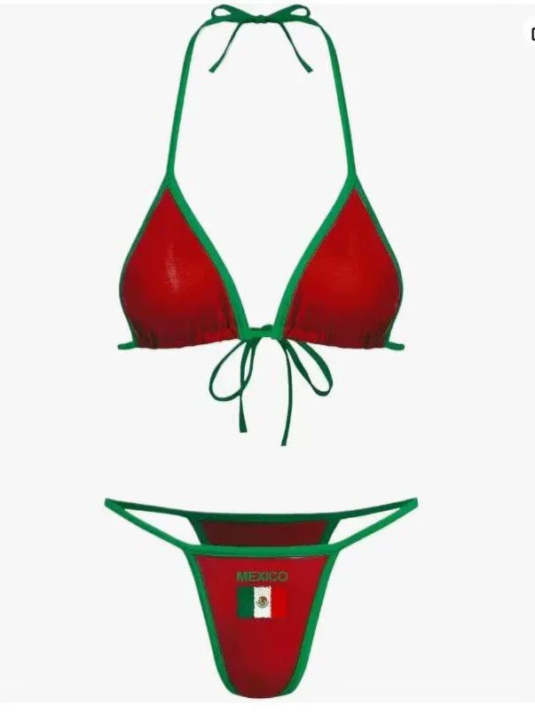 Women's Flag Print Triangle Bikini Top and Tie Side Thong Set