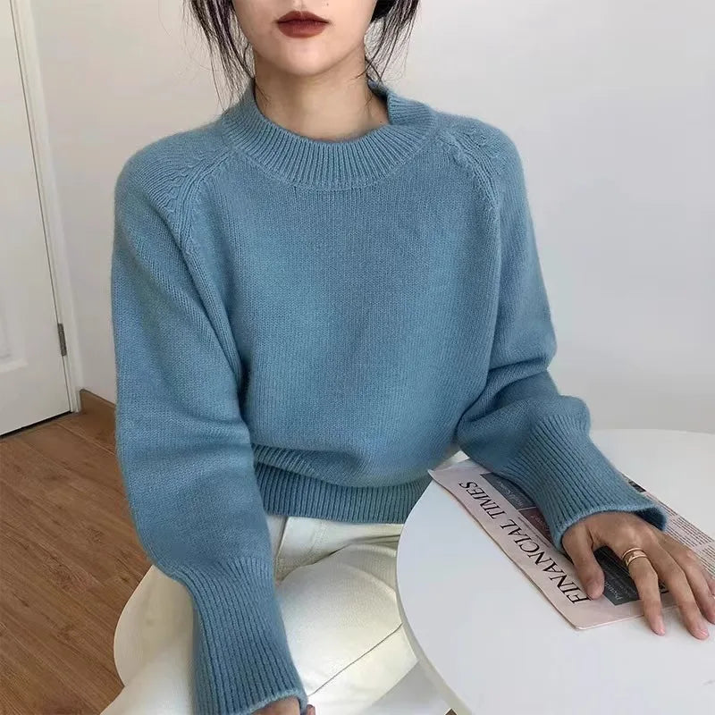 Pure wool retro sweater crewneck pullover short knitwear women's top trend