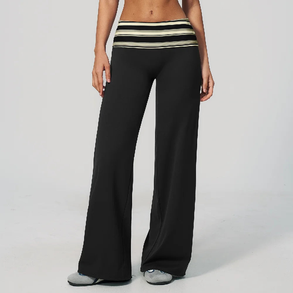 Women's Patterned Fold Over Waist Wide Leg Workout Pants with Flared Shape