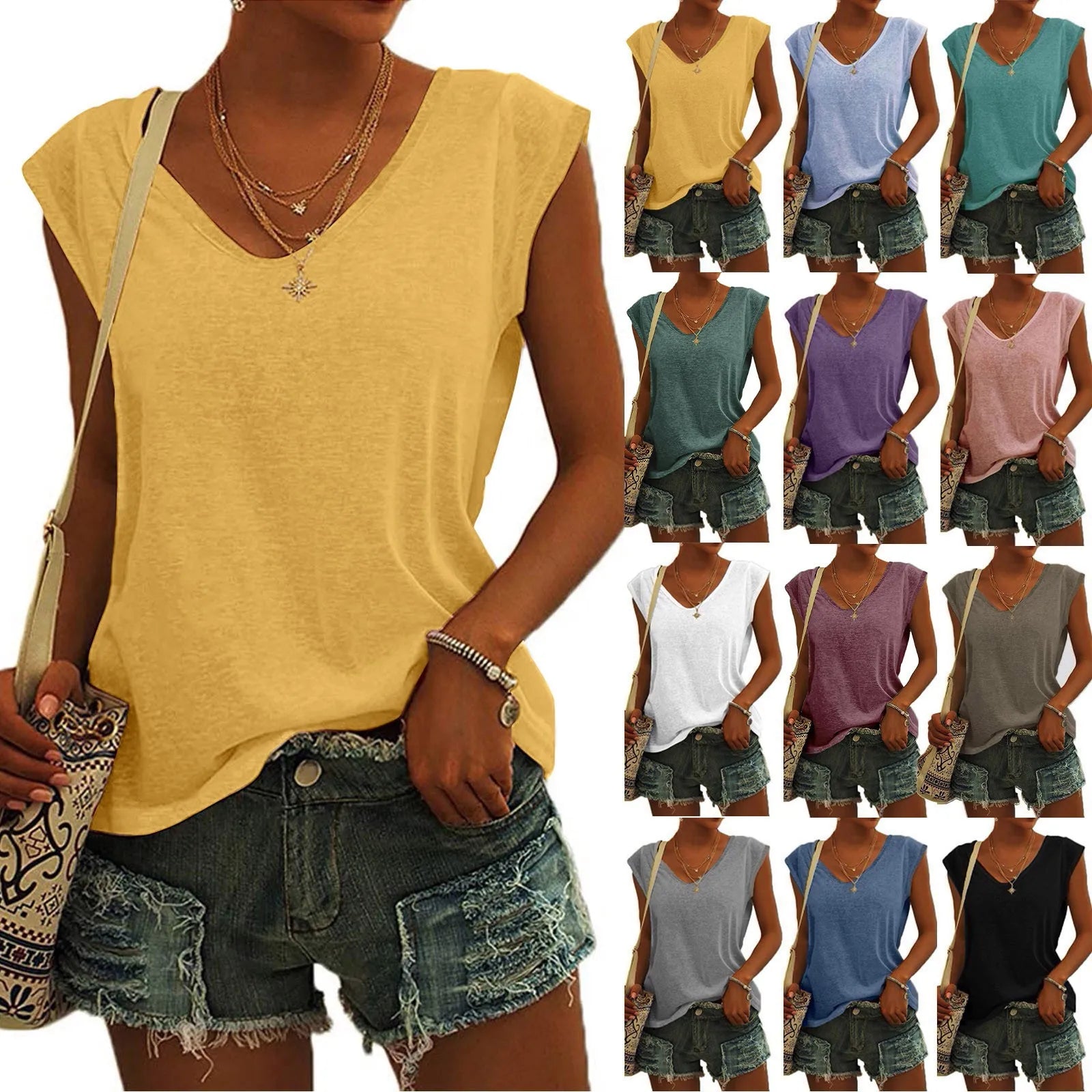 Women's Polyester Sleeveless V-Neck Tank Top with Slight Stretch for Summer Outfits