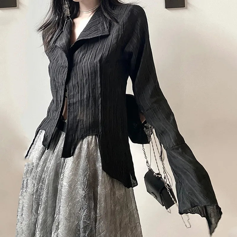 Women's Asymmetric Ruffled Long Sleeve Blouse