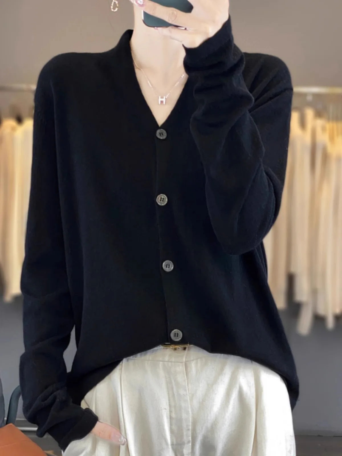 Light luxury retro style! V-neck pure cashmere knit cardigan women's autumn and winter loose wool top bottom sweater coat