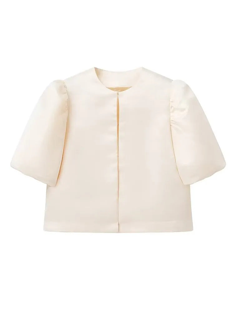 Women's Round Neck Puff Sleeve Cropped Blouse