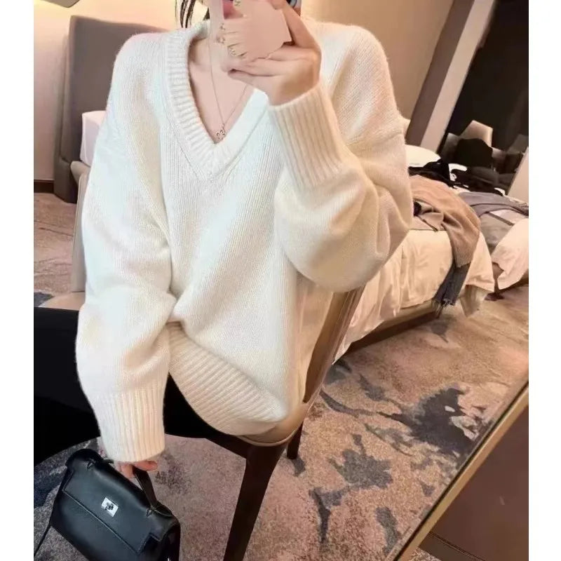 V-neck 100 pure wool sweater for women in autumn and winter, loose and thick sweater, long-sleeved knitted top