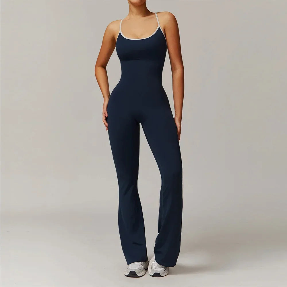 Women's Cross Back Polyester Blend Flared Workout Jumpsuit with Contrast Straps