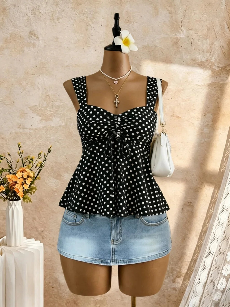 Women's Ruched Polyester Blend Peplum Camisole with Sweetheart Neck and Bow