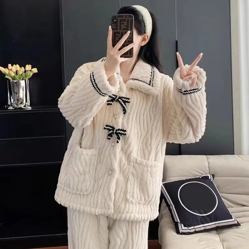 Women's Bow Fastened Long Sleeve Pajama Set with Top and Pants