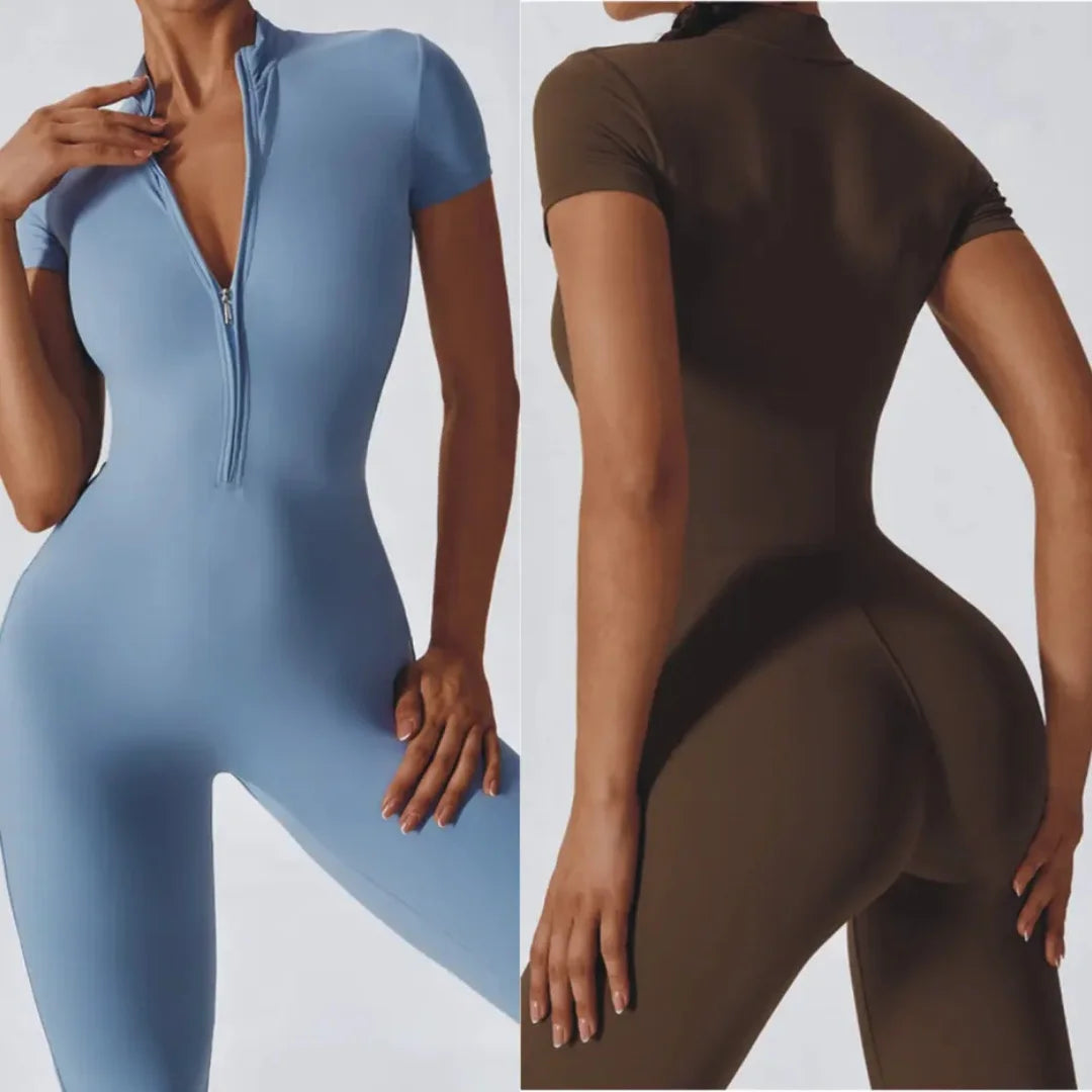 Women's Zip-Front Short-Sleeve Workout Jumpsuit