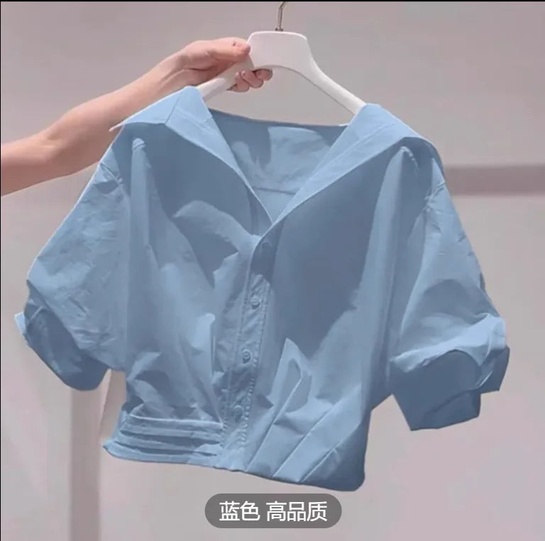 Women's Cropped Round Neck Puff Sleeve Button Front Shirt