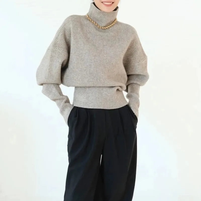 French retro high-neck pullover pure wool sweater women's short knitted base sweater waist-cinching and versatile top