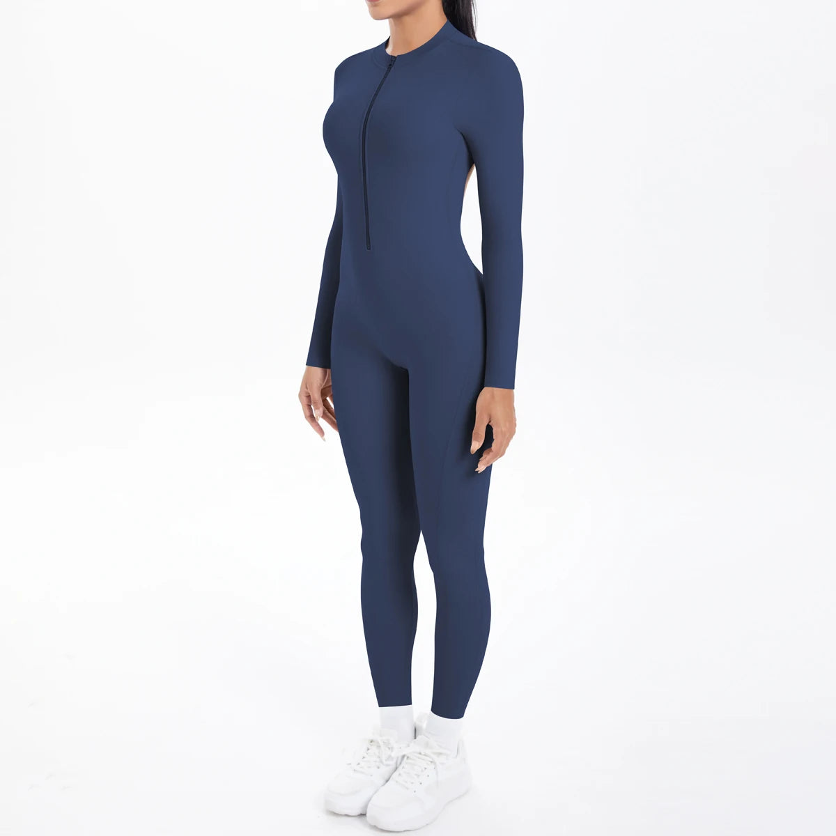 Women's Open Back Nylon Blend Workout Jumpsuit with Zipper and Sleeve Options