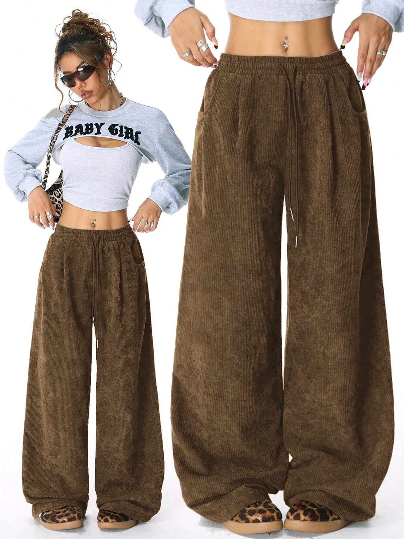 Women's Corduroy Style Drawstring Pants with Wide Legs and Pockets