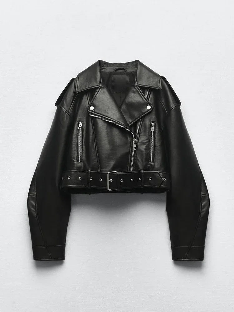 Women's Belted Faux Leather Biker Jacket for Layered Outfits