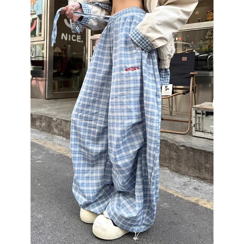 Women's Blue Check Pants with Drawstring Waist and Wide Legs