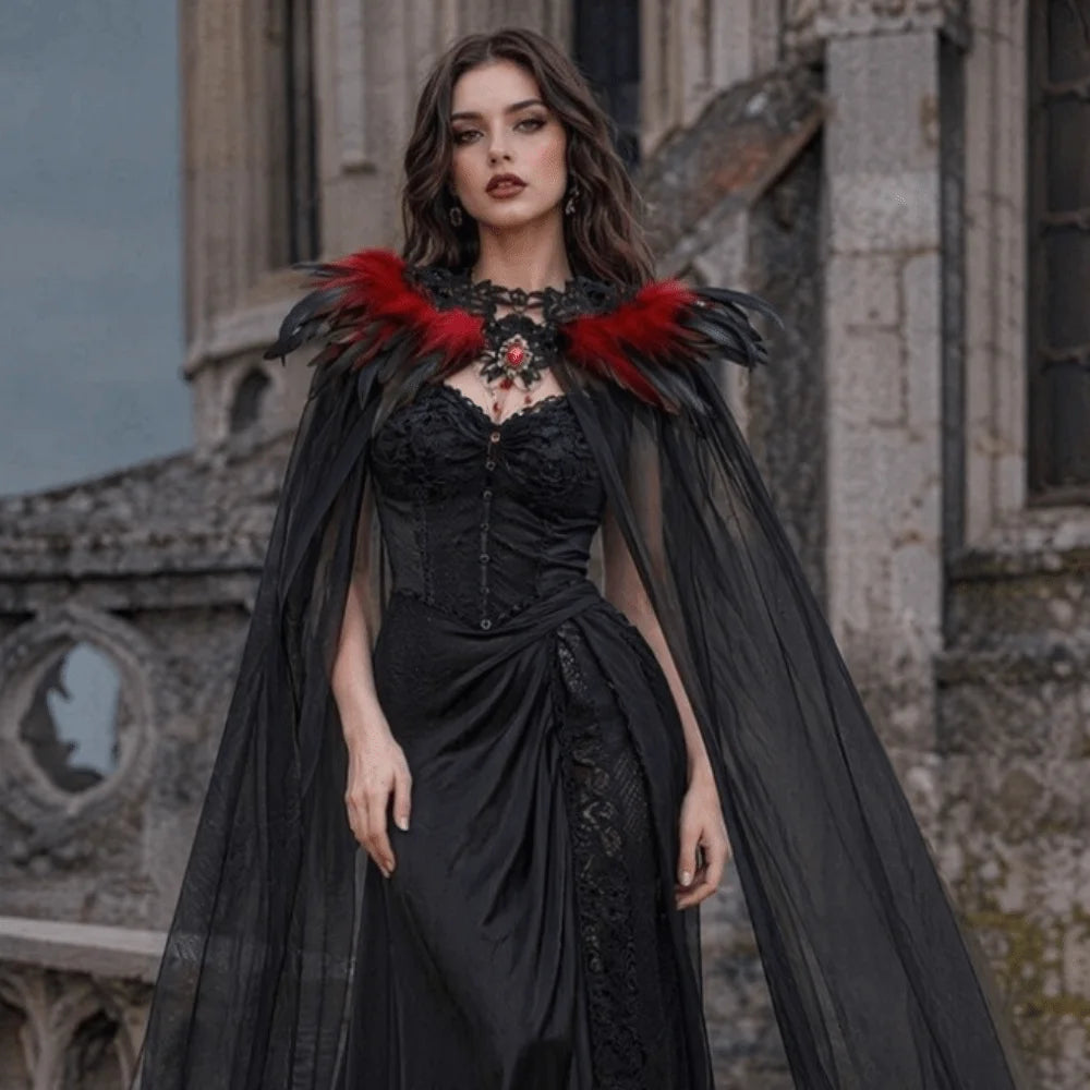 Feather Collar Sheer Long Cape for Layering over Outfits